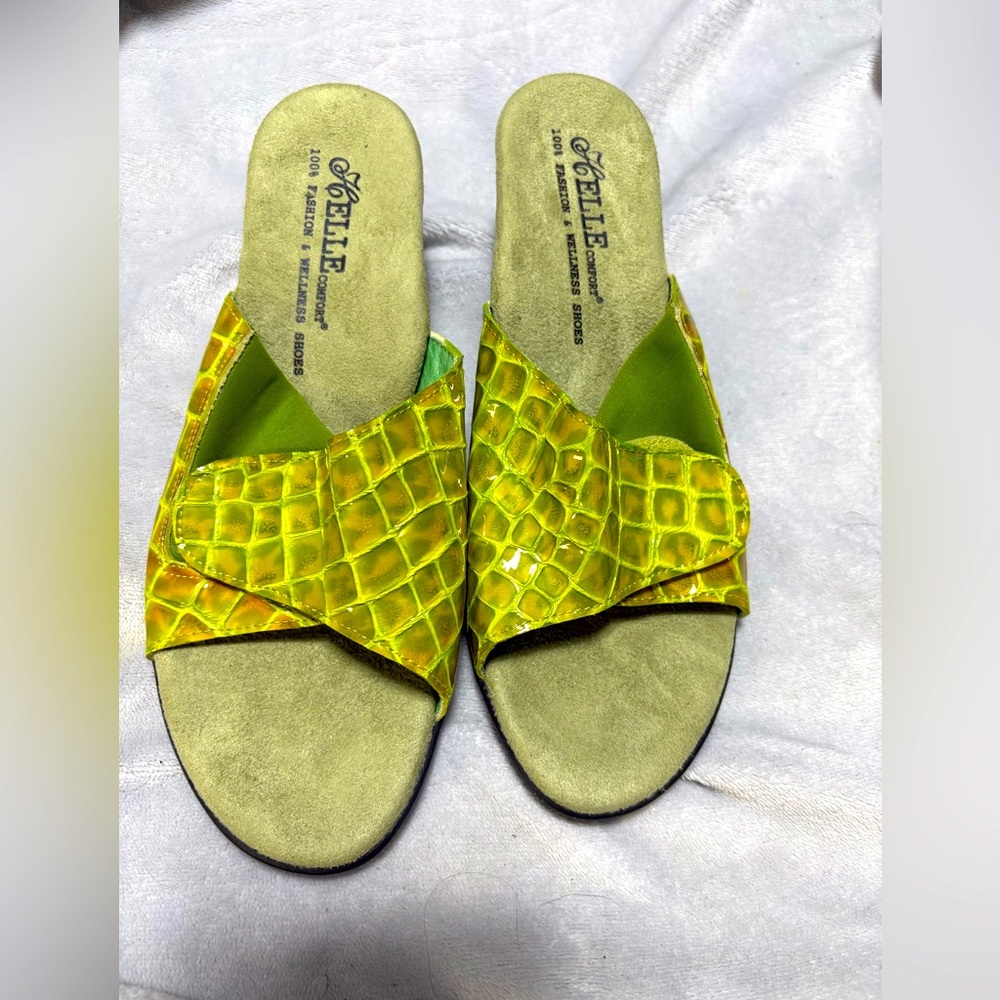 Green and Yellow Slip-On Sandals with Criss-Cross Design